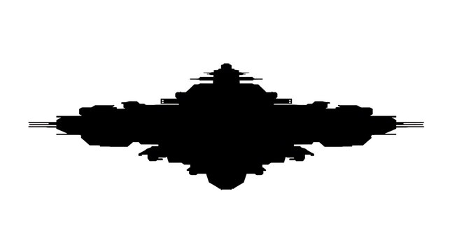 A black silhouette of a spaceship with intricate detailing and a symmetrical design