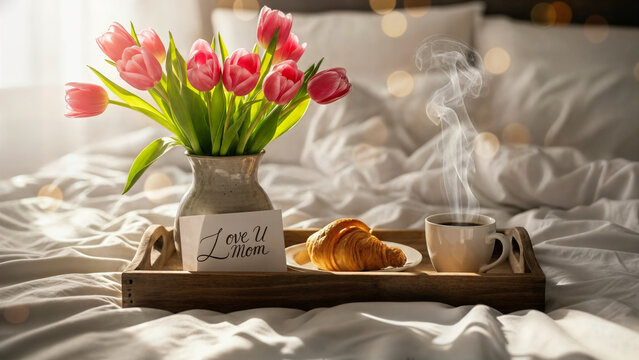Emotional breakfast tray on white messy bed sheets featuring vase of fresh pink tulips croissant and cup of hot coffee with steam for happy mothers day morning.