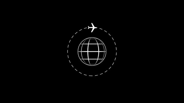 Minimalist airplane flying around globe animation on black background, travel flight aviation