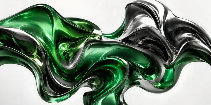 Abstract flowing emerald green and chrome liquid metal curves