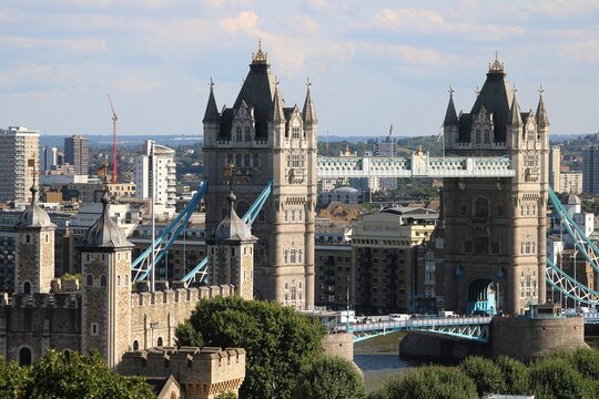 Telephoto of the Tower of London and Tower Bridge.