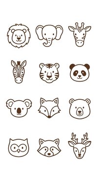Minimalist line art animal face icons on white background.