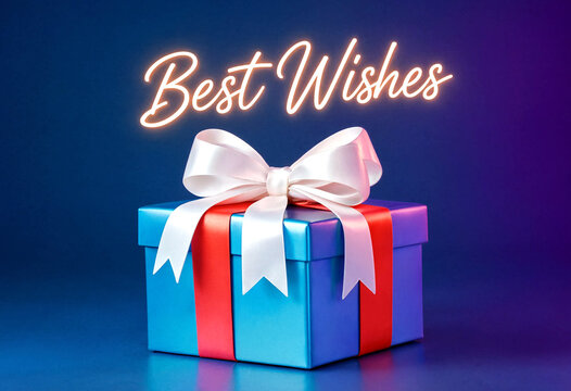 Beautifully wrapped gift box with white ribbon bow and glowing best wishes text above it