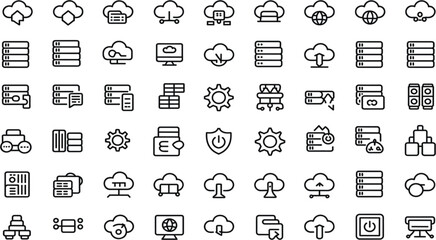Fototapeta premium Minimalist continuous line art vector icon set of cloud computing and server data infrastructure symbols on a solid white background