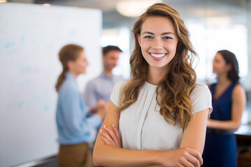 Fototapeta premium Portrait of happy smiling confident young very attractive businesswoman CEO professional manager entrepreneur in a skirt presenting at a business meeting in front of a whiteboard looking at camera
