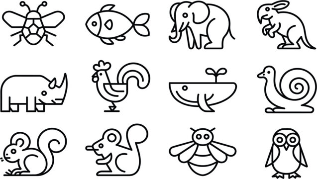 Minimalist continuous line art vector icon set of cute zoo and farm animals on a solid white background
