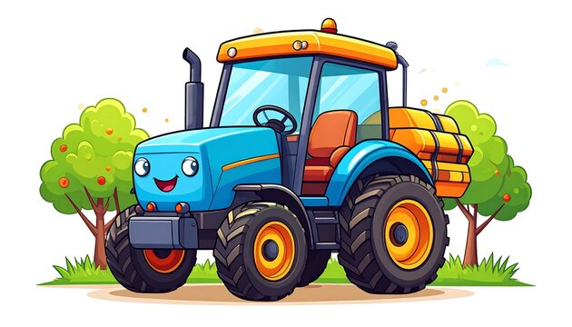 Vibrant blue dump truck with green vegetation in cartoon style.