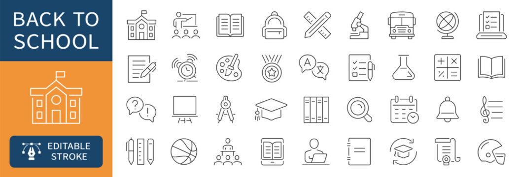 Back to school thin line icons set. Study, lesson, book, teacher editable stroke icon. Vector