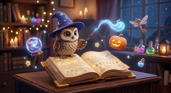 Cute 3d wizard owl casting magic spell over spellbook in cozy library