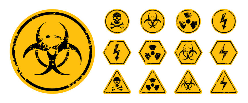 Hazard Warning Sign Set Grunge Texture Biohazard Radioactive Toxic And High Voltage Symbol Template For Game Design And Apocalyptic Graphic