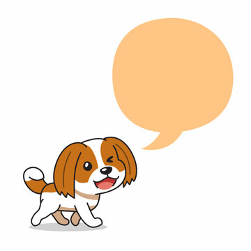 Cute Cavalier King Charles Spaniel dog walking with blank speech bubble cartoon vector illustration