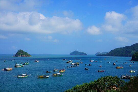 Nam Du, Vietnam: Colorful fishing boats putting out to the sea in the morning in Nam Du island, Kien Giang province 