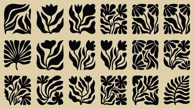 Abstract botanical silhouette tile set. black cutout flower, tropical palm leaf, tulip, symmetrical vine. for modern minimalist poster, rustic ceramic pattern. decorative vector grid.