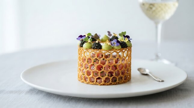 Gourmet tuna tartare cylinder encased in a delicate crispy honeycomb tuile served on white ceramic plate