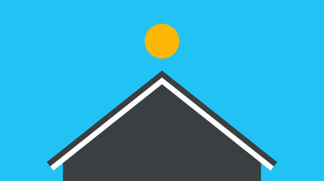 A minimalist graphic illustration featuring a dark triangular house roof shape positioned beneath a bright yellow sun icon