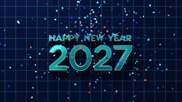 Happy New Year 2027 Celebration Background with Falling Confetti and Modern 3D Typography