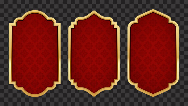 Red Gold Thai Pattern Frame Set Traditional Asian Badge And Luxury Border Template For Spa Packaging And Wedding Invitation