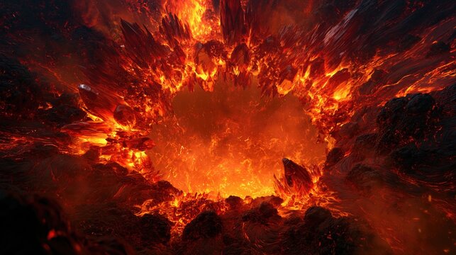 Powerful Impact of molten lava erupting through dark crystal rocks