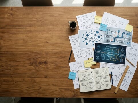 Overhead shot of a wooden desk featuring business strategy documents, machine learning infographics, data analysis charts, an open notebook, coffee mug, and colorful sticky notes.
