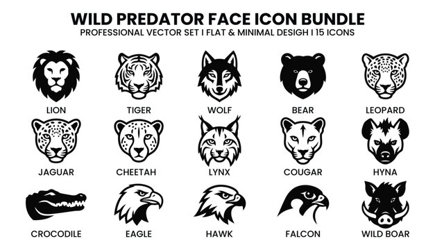 Wild predator face icon bundle created by a professional vector illustrator for graphic design projects collection