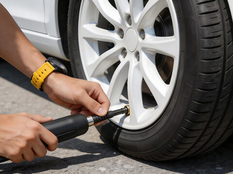 Person inflating car tire with air pump