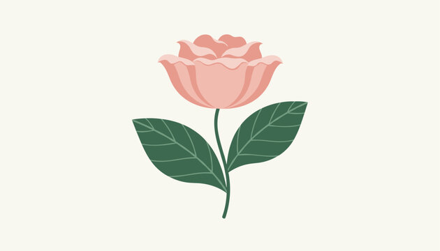 Beautiful pink rose flower with detailed petals and two green leaves on a light background, vector illustration.
