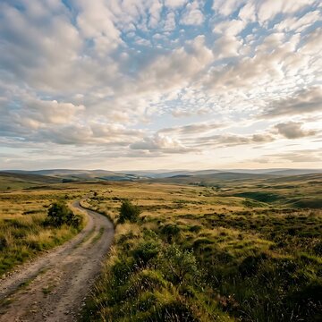 Dramatic sky over rolling green hills landscape.