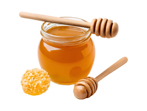 Jar of honey with wooden dippers and honeycomb isolated on transparent or white background, png