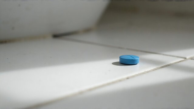 Blue prescription pill tablet resting on white tiled surface in close-up