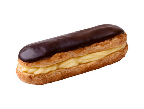 Chocolate eclair filled with vanilla custard cream isolated on transparent or white background, png