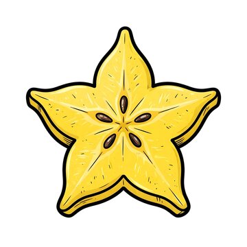 Vibrant vector illustration of a fresh yellow starfruit slice with seeds. Perfect for tropical fruit designs, healthy food themes, and summer menus.