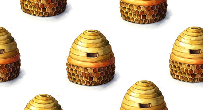 Watercolor seamless pattern with beehives and honeycombs on white background
