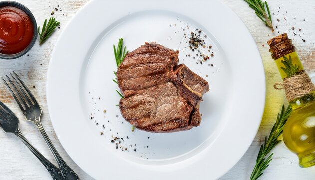 Top view of grilled beef steak served with olive oil and fresh herbs on a white plate.