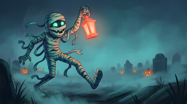 Skeleton playing a guitar in a spooky graveyard at night