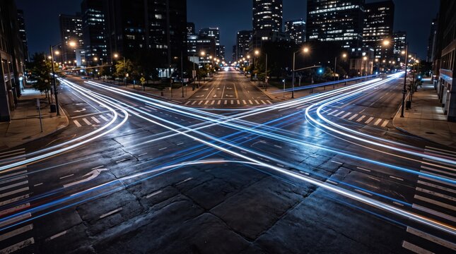 Nighttime intersection in a city with long exposure light trails from cars creating glowing streaks across the dark asphalt road surface