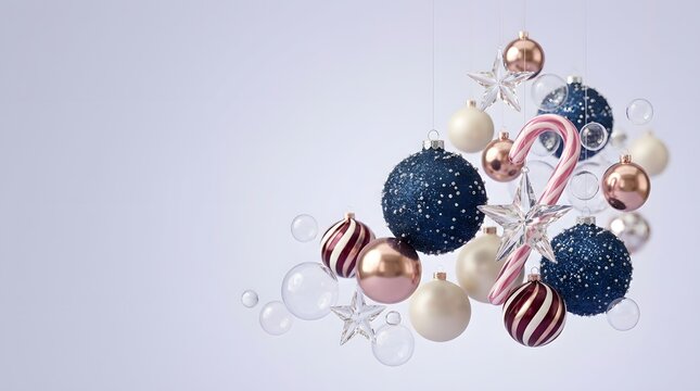Abstract composition of floating 3D Christmas baubles