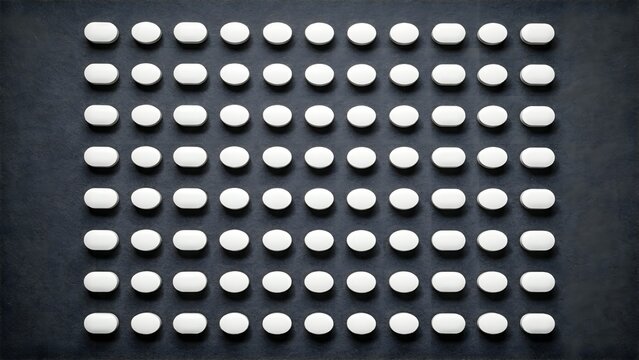 White oval pills arranged in a grid on a black surface with shadow lighting