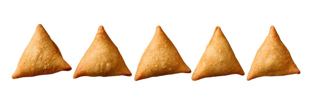 Row of fried crispy samosas isolated on transparent or white background, png