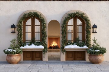 Fototapeta premium Double patio doors dressed with simple holiday garland with evergreen branches tucked into window boxes under warm fireplace glow.