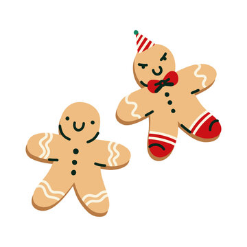 Cute Gingerbread Cookie Couple with Christmas Accessories, Hand Drawn Holiday Baking Illustration for Festive Cards, Seasonal Decor and Winter Celebrations