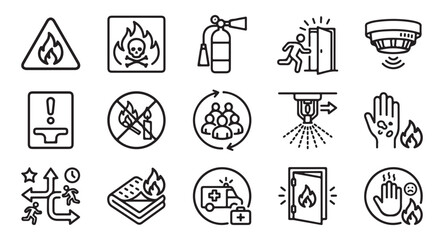 Obraz premium Fire Safety and Emergency Line Icon Set Featuring Extinguisher, Smoke Detector, Alarm, Evacuation, Sprinkler, Blanket, and Flammable Risk Symbols
