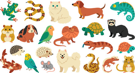 Obraz premium Cute Pet and Exotic Animal Cartoon Icon Set with Dogs, Cats, Reptiles, Birds, Rodents, Amphibians, and Wildlife Vector Collection
