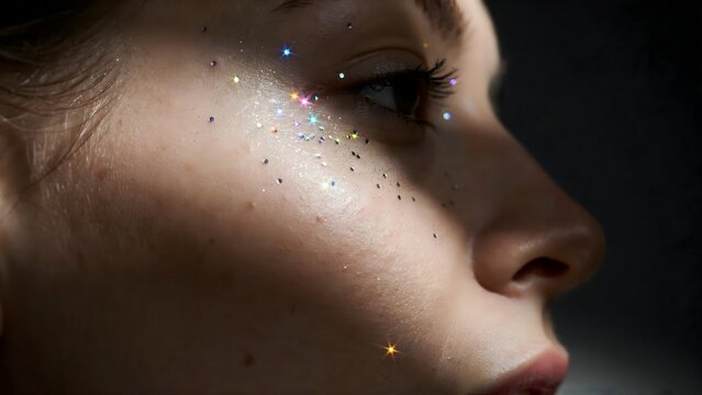 Close-up of a young woman's face with glitter makeup and sparkling stars under dark lighting
