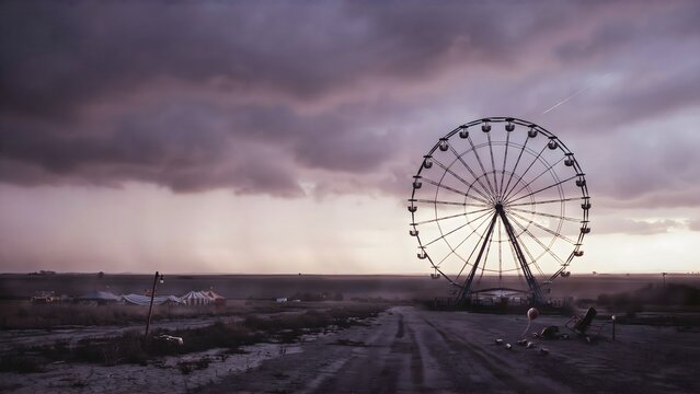 Abandoned Ferris Wheel in a desolate landscape under dramatic stormy sky
