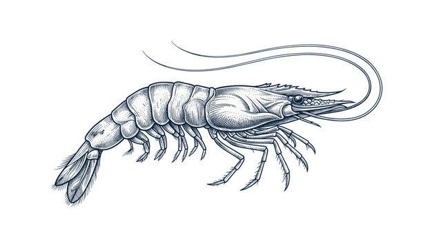 Shrimp Hand Drawn in Detailed Blue Line Art with Long Antennae, Segmented Shell, Legs, and Realistic Anatomy