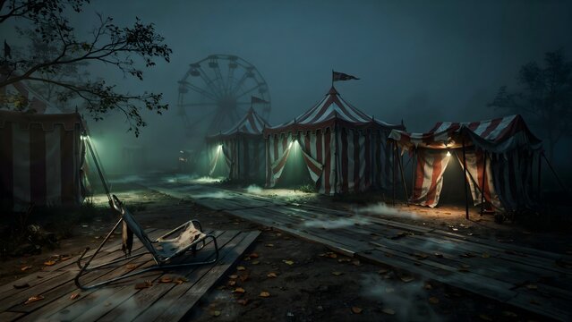 Abandoned carnival tent with windmill and broken chairs at night