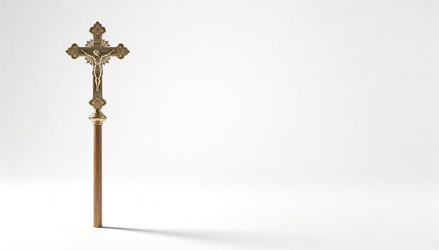 Commercial product photography of a brass processional crucifix against a pure white copy space