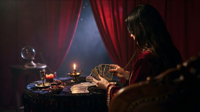 Mystical Woman Reading Tarot Cards at Candlelit Table in Dimly Lit Room