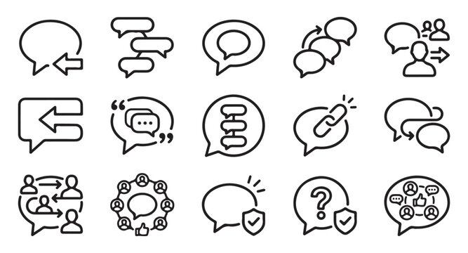 Speech Bubble and Messaging Line Icon Set Featuring Reply Chat, Quote, Discussion Thread, Link Sharing, Shield Protection, and Community Engagement Symbols