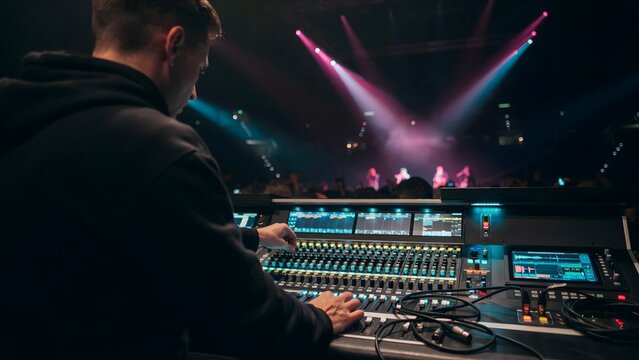 Young male sound engineer working at control desk during a live music event